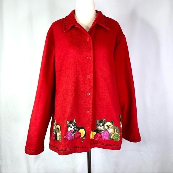 VINTAGE Take Two fleece shirt jacket button front cat applique red M - Picture 1 of 11